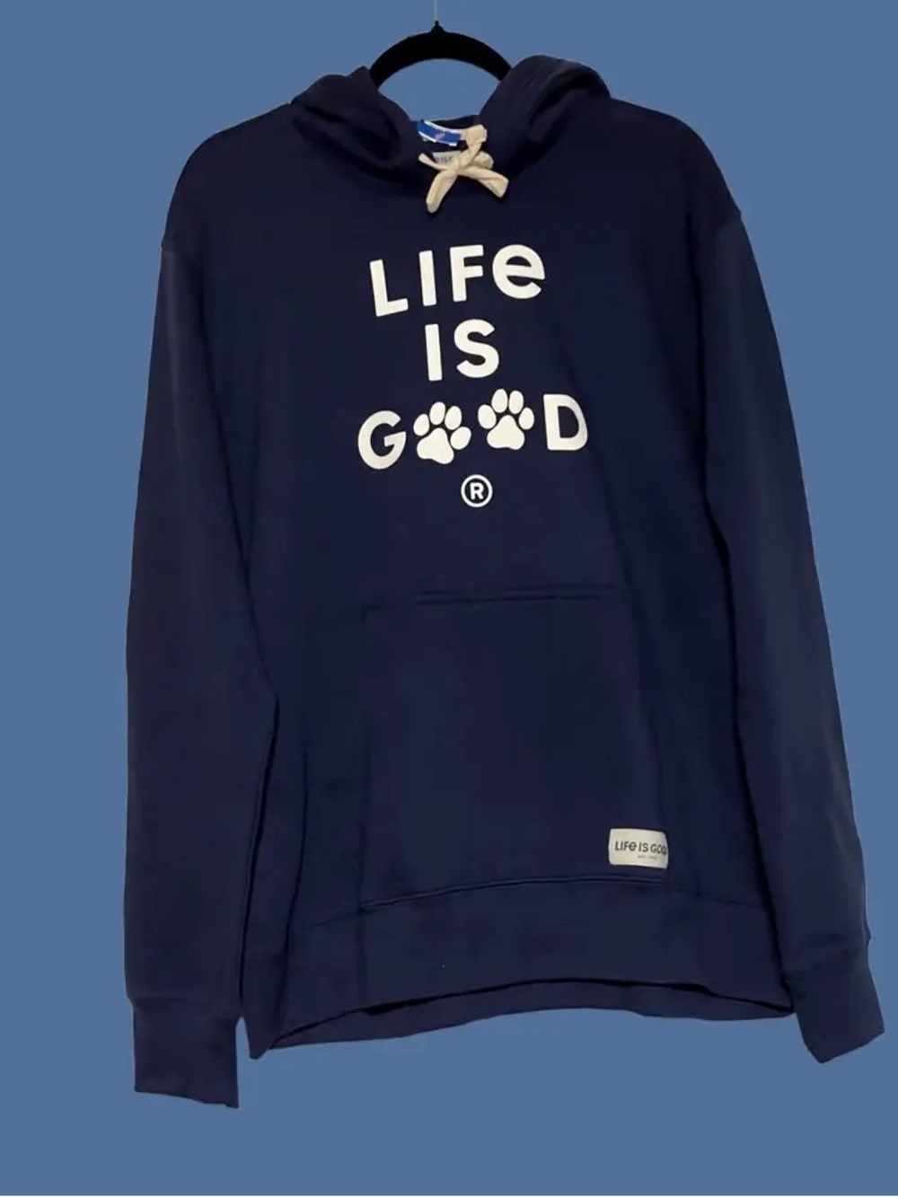 Life Is Good Navy Blue Hoodie with White Paw-Print Logo